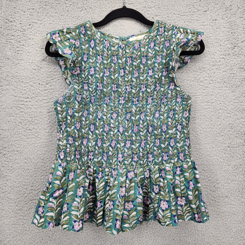 Perry Walker Collective Smocked Floral Block Print Top Teal Purple Women Size 4